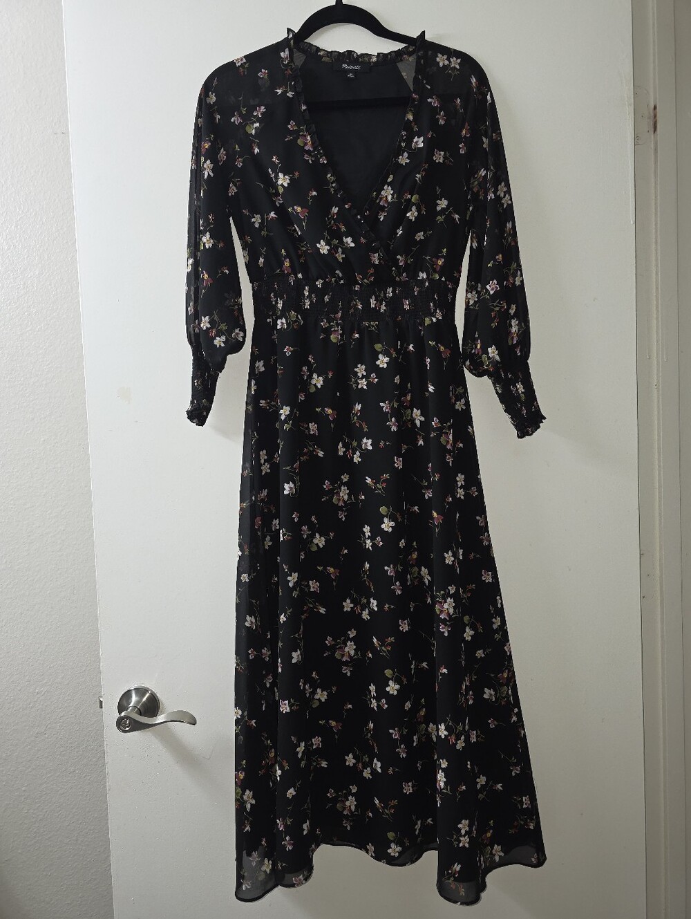 Madewell Black Floral V Neck Sheer Overlay Maxi Dress Size XS